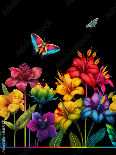 Colorful exotic flowers and butterflies separated on a black background. Seamless vector illustration. © Anna