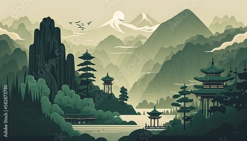 Asian Landscape background flast . Creative illustration. (Ai Generate) photo