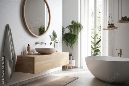 A narrow vertical horizontal mirror hangs above the white bathroom sink, which is situated in a corner of the room decorated in Scandinavian design. a mockup. Generative AI © AkuAku