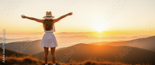 A young cheerful healthy girl in a dress looks into the distance at dawn, rear view, Generative AI.