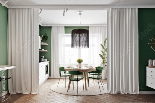 White kitchen with a classic ornamental divider, round table with chairs near a huge window, and green classic wall with a blank vertical poster make up the modern classic dining room. Generative AI
