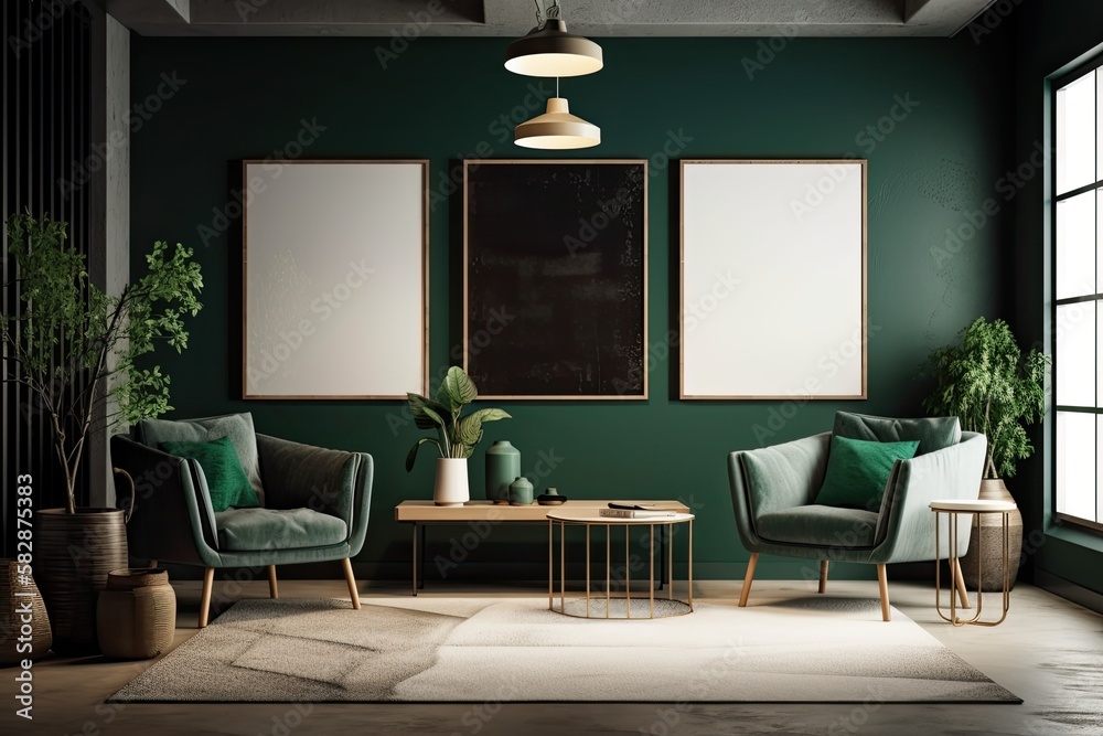 Fototapeta premium Interior of a dark living room with two empty white posters on a green wall, a sofa and armchairs on a concrete floor, a coffee table, and a carpet. idea for a welcoming meeting spot. a mockup