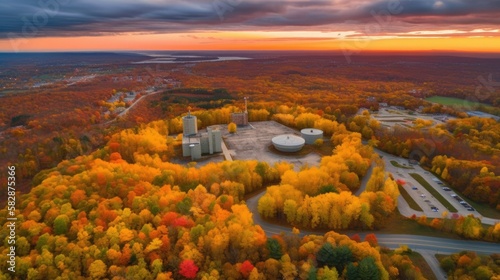 Birdview of a nuclear powerplant in a forest in autumn. Generative AI illustration.