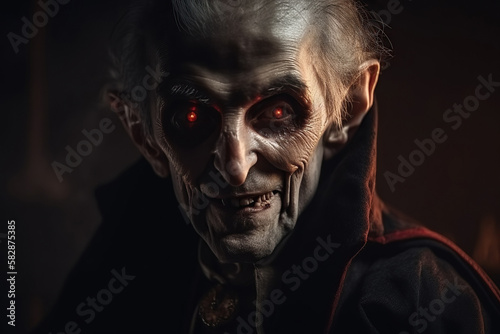 portrait of old vampire Count Dracula in blood. Generative AI illustration