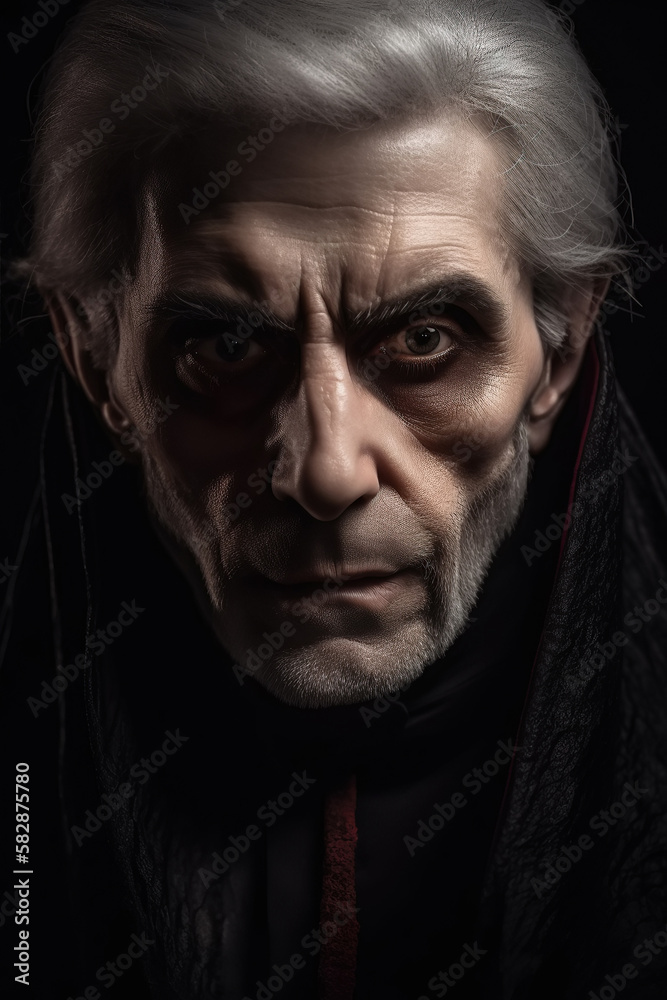 portrait of old frightening vampire man count dracula demon. Generative AI illustration