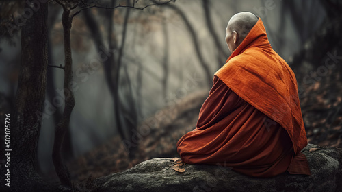 Asian monk meditating in the forest. digital ai art
