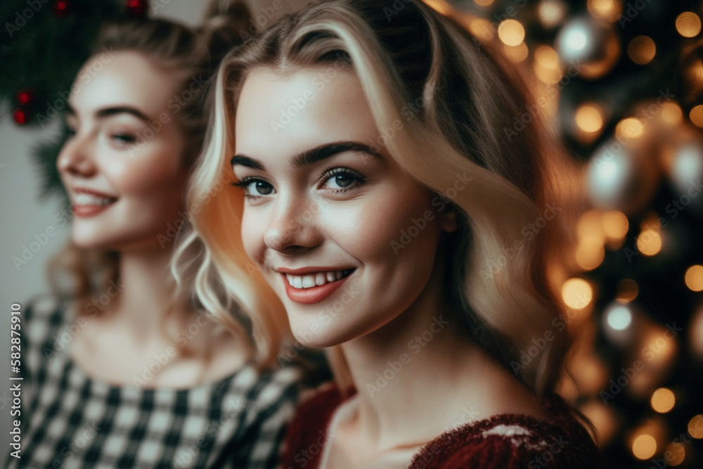 two young adult women, friends or siblings, in front of a christmas tree at christmas. Generative AI two young adult women, friends or siblings, in front of a christmas tree at christmas. Generative AI