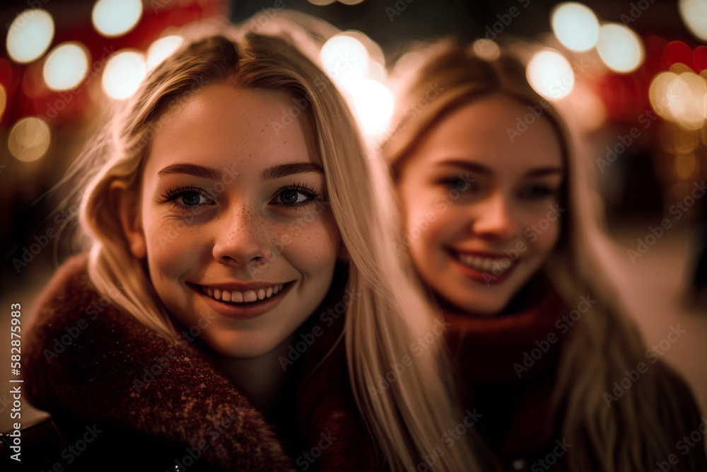 young girls or teenagers, in the evening or after a walk, free time in autumn or winter, christmas market or city shopping. Generative AI young girls or teenagers, in the evening or after a walk, free time in autumn or winter, christmas market or city shopping. Generative AI