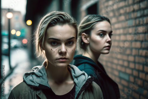 two young adult women with stressed or upset mood in a city on the sidewalk in rainy weather. Generative AI