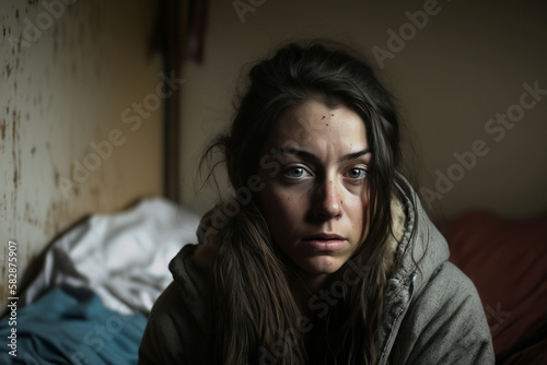 young adult woman in dirty room with bed, sitting on bed, sad or depressed expression on face. Generative AI