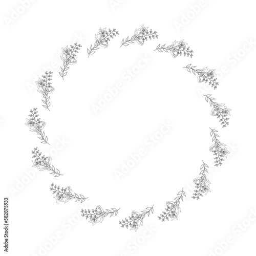 Template frame of spring flowers line art on a white background. Floral design for wedding invitation, banner, poster. Round.