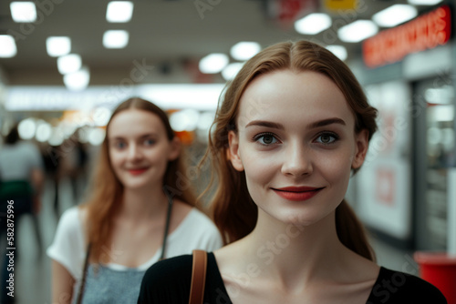 two young teenage girls in a shop or grocery store with white overhead lighting,. Generative AI