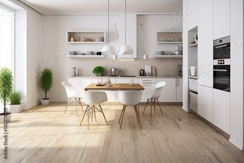 White walls  a wooden floor  counters with built in appliances  and a table and chairs can all be found in a loft kitchen. a mockup. Generative AI