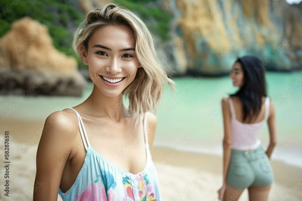 Young multiethnic or Asian young adult woman on the beach, hair dyed blonde, girlfriend in the background, vacation on an island on the beach. Generative AI