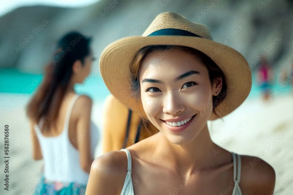 Young multiethnic or Asian young adult woman on the beach,summer sun hat, friend in the background, vacation on an island on the beach. Generative AI
