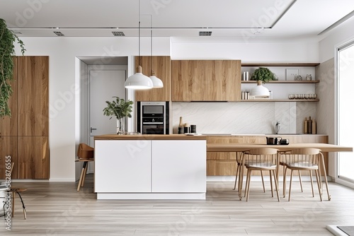 zen vibe, classic white kitchen with island in modern apartment, makeover showcase, white architecture interior design, vintage wooden table top or shelf,. Generative AI