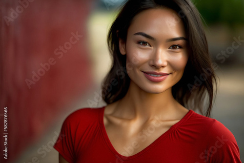 young multiethnic woman in red summer shirt outside in sunshine, smiling. Generative AI