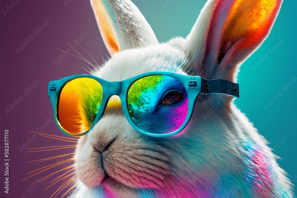 Close-up serious realistic rabbit in bright rainbow sunglasses. Generative AI.