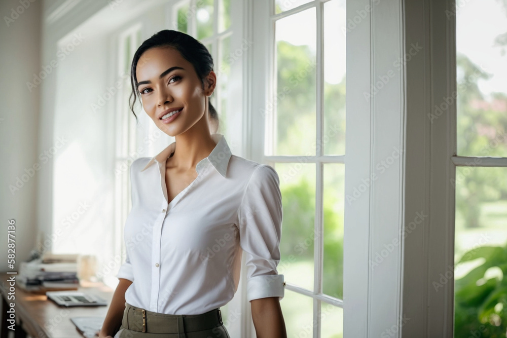 young multiethnic slim woman in white shirt at big window in daylight, at home or in office overlooking a garden, contentment and appearing more self. Generative AI young multiethnic slim woman in white shirt at big window in daylight, at home or in office overlooking a garden, contentment and appearing more self. Generative AI