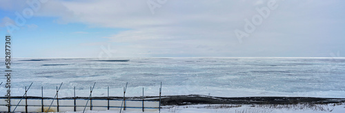 Hokkaido,Japan - February 15, 2023: Drift ice coming alongside Kitahama station in Hokkaido, Japan
 photo