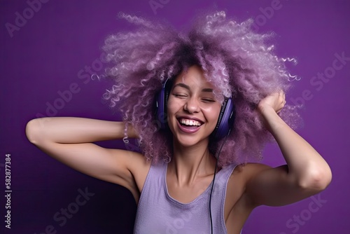 Woman Dancing with Headphones on a Purple Background with Space for Copy (Generative AI)