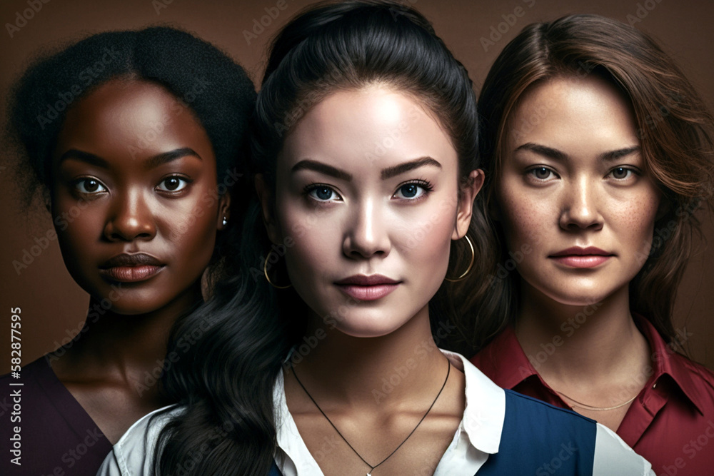 three young adult women, multi-ethnic, dress style of female teachers or similar. Generative AI