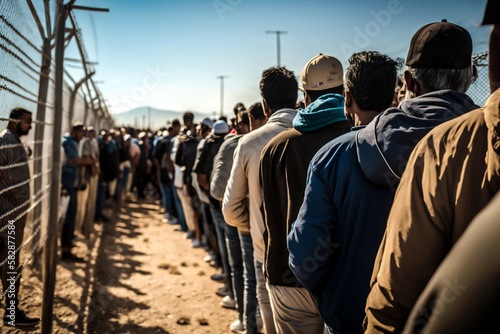 Fototapeta abstract, endless queue of refugees along a high border fence, fictitious place and people