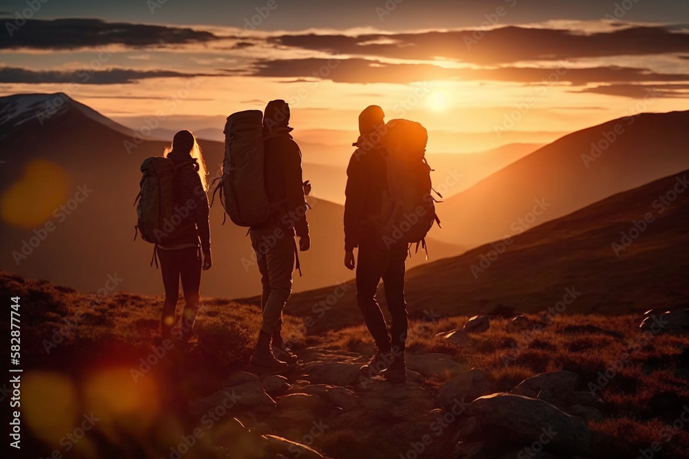 three people, hikers with backpacks on a hill in front of high mountains at sunset. Generative AI