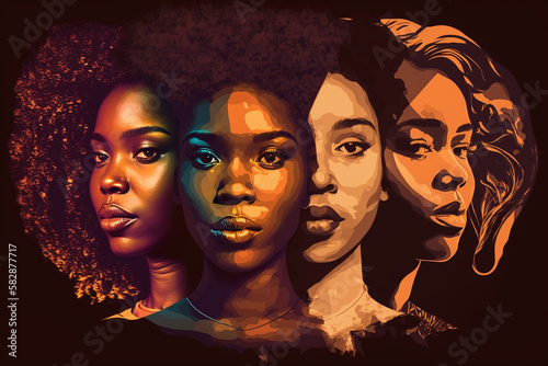 abstract diverse african american black women faces background. Generative AI photo