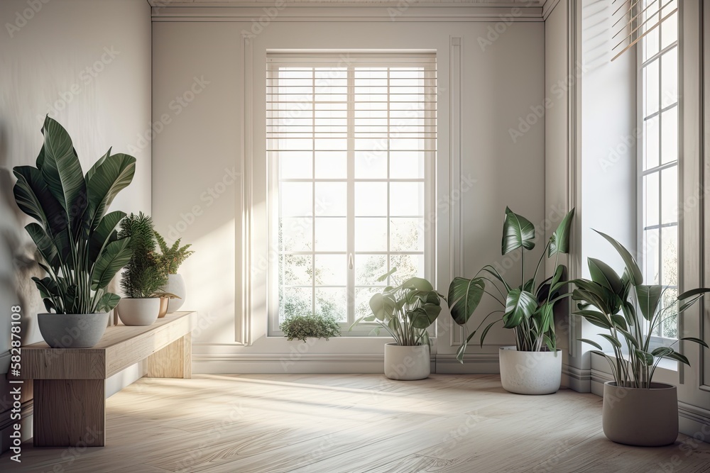 Interior design of a contemporary empty room with potted plants in the corner near the windows. Generative AI