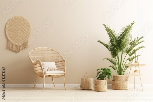Mockup of an empty wall in a warm, beige room with a wicker chair, a palm plant in a basket, and other bohemian style accents. Illustration,. Generative AI