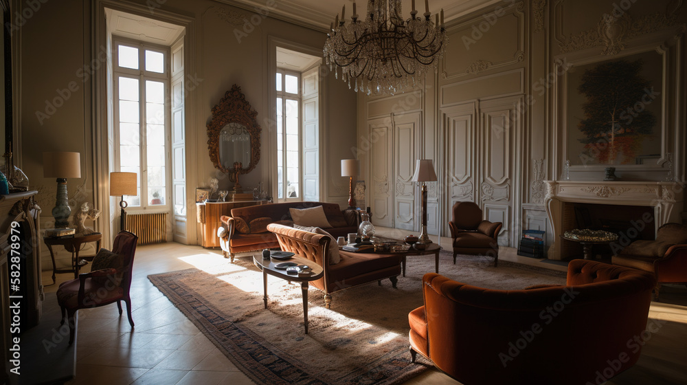 Traditional living room interior of a French chteau or appartment. AI generated