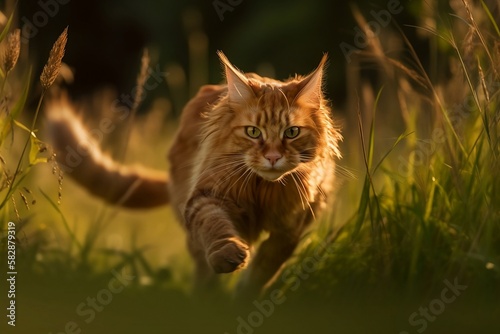 A beautiful feline prowls through the tall grass during golden hour, its eyes trained on prey as the warm light bathes its fur in a rich, glowing hue.