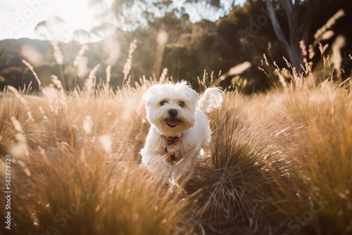 A dog dashes through a field of green grass in this vibrant image, its sleek fur rippling in the wind as it revels in the joy of freedom and movement.