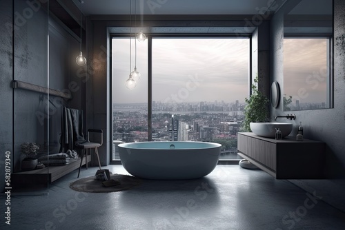 Corner view of a dark bathroom with a grey wall that is unoccupied, a bathtub, a carpet, a stool with shampoo, and a panoramic window with a view of the city. The floor is concrete. Generative AI © AkuAku
