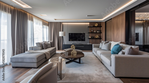 Modern bright living room interior. AI generated.