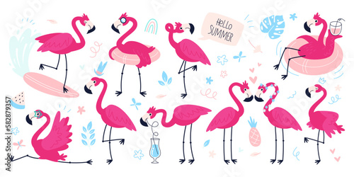Flamingos characters flat illustrations set.