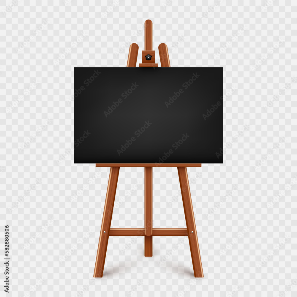 Realistic paint desk with blank black canvas. Wooden easel and a sheet of drawing paper. Presentation board on a tripod. Artwork mockup, template. Vector illustration