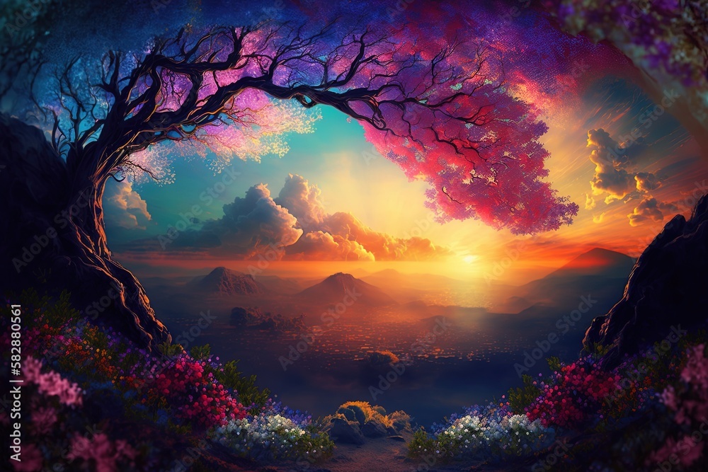 Blossoming of the Soul: A Vivid Spring Fantasy Sunset Generative AI Blossoming of the Soul: A Vivid Spring Fantasy Sunset Generative AI