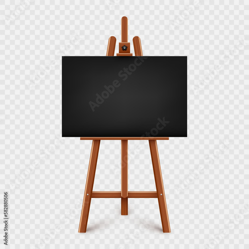 Realistic paint desk with blank black canvas. Wooden easel and a sheet of drawing paper. Presentation board on a tripod. Artwork mockup, template. Vector illustration
