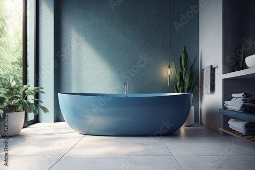 bathtub in contemporary home  spotless blue bathroom. Generative AI