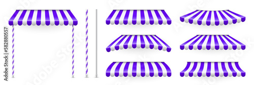 Violet shop sunshade with stand holders. Realistic striped cafe awning. Outdoor market tent. Roof canopy. Summer street store. Vector illustration