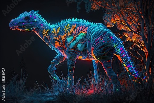Illuminated Mysticism – The Elusive Curiosity of Illuminating Colors Illuminating from a Mesmerizingly Majestic Neon Dinosaur Generative AI © pngking