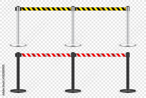 Realistic yellow and red retractable belt stanchion. Crowd control barrier posts with caution strap. Queue lines. Restriction border and danger tape. Attention, warning sign. Vector illustration