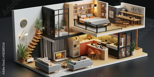 Miniature dollhouse smart home modern style, concept of Miniature scale modeling and technology, created with Generative AI technology photo