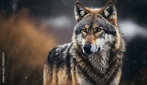 A stunningly fierce wolf in the rain. AI Generated
