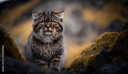  A image of an Andean cat in the mountains. AI Generated