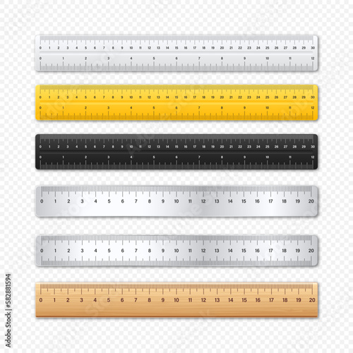 Realistic various metal and plastic rulers with measurement scale and divisions, measure marks. School ruler, centimeter and inch scale for length measuring. Office supplies. Vector illustration