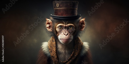 Monkey wearing a fez hat and vest looking like its ready to perform in circus or magic show, concept of Entertainment and Costume, created with Generative AI technology photo