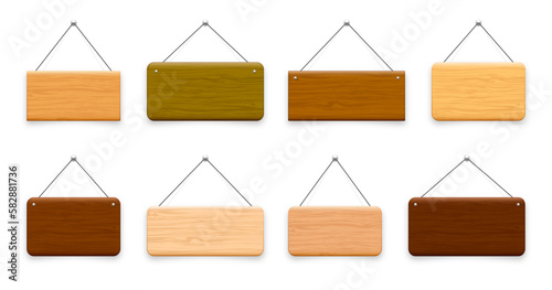 Wooden hanging signboards. Made of wood door sign for cafe, restaurant, bar or retail store. Announcement banner, information signage for business or service. Vector illustration